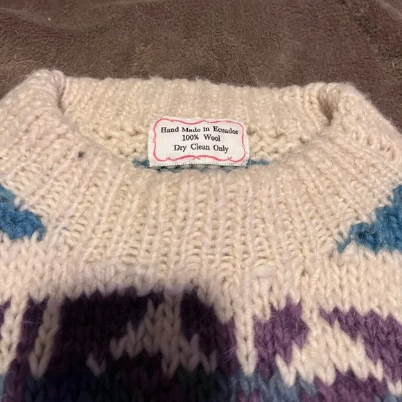 Handmade Wool Sweater with Purple and Blue Accents - Picture 2 of 4